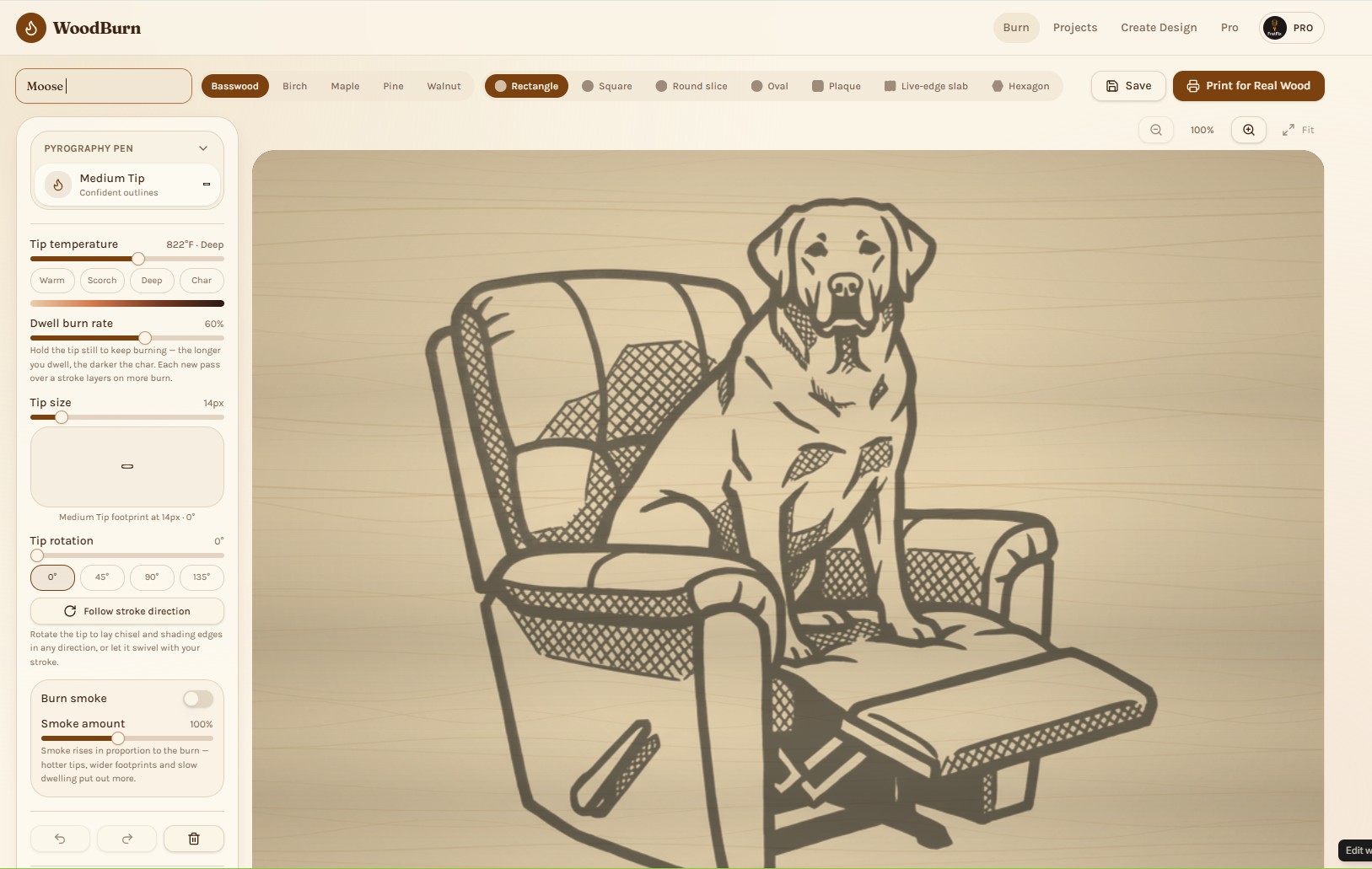 WoodBurn studio demo showing a dog on a chair burned into virtual wood